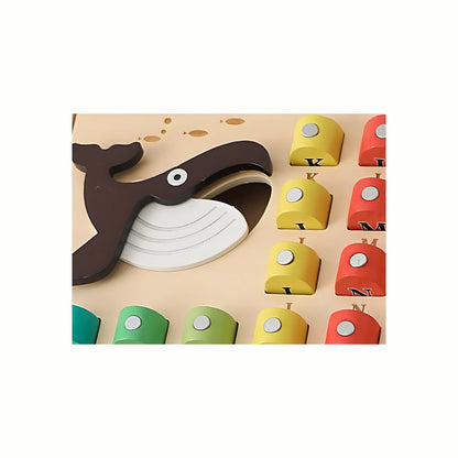 Close-up of the Wooden Magnetic Fishing ABC Game, highlighting the brightly colored wooden fish with clear alphabet letters and the magnetic hook on the fishing rod.