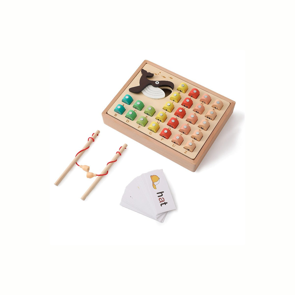 Wooden Magnetic Fishing ABC Game set, showing the wooden pond with all 26 colorful lettered fish neatly inside, along with the two fishing rods and ABC cards, promoting literacy and letter recognition