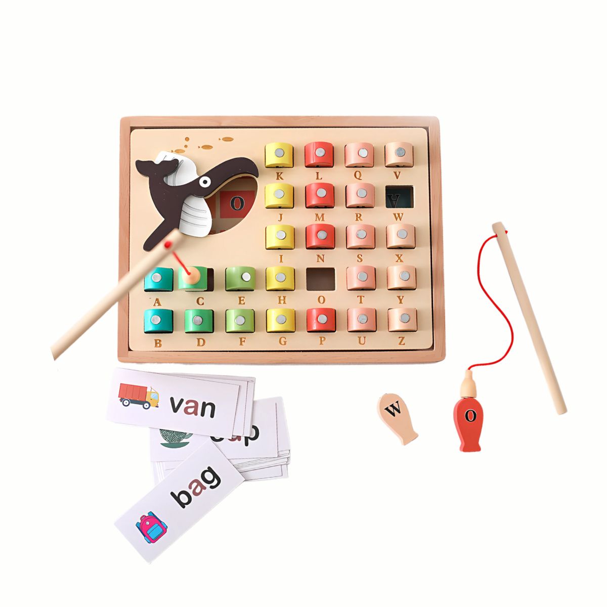 Wooden Magnetic Fishing ABC Game, showing the magnetic rod catching a lettered fish from the pond, with ABC flashcards nearby to guide play.