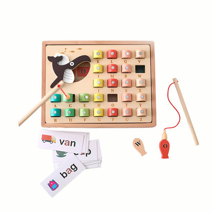 Wooden Magnetic Fishing ABC Game, showing the magnetic rod catching a lettered fish from the pond, with ABC flashcards nearby to guide play.