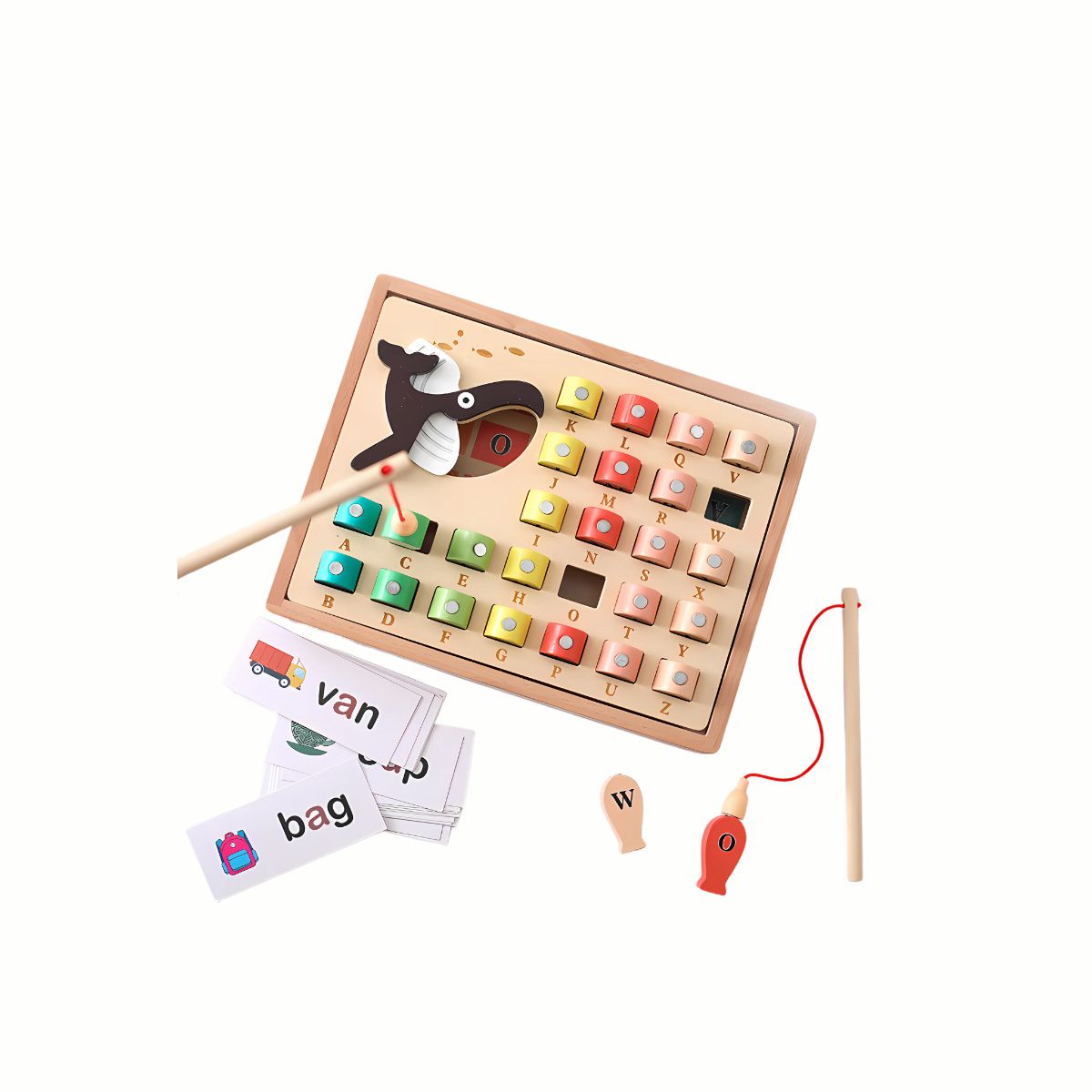 Wooden Magnetic Fishing ABC Game from a different viewpoint, demonstrating the action of using the magnetic hook to 'catch' the fish for fine motor skills and hand-eye coordination