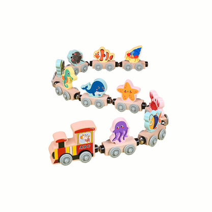 Wooden Magnetic Animal Train (Ocean variant) fully connected, showing the complete ocean animal parade, a high-quality toy.