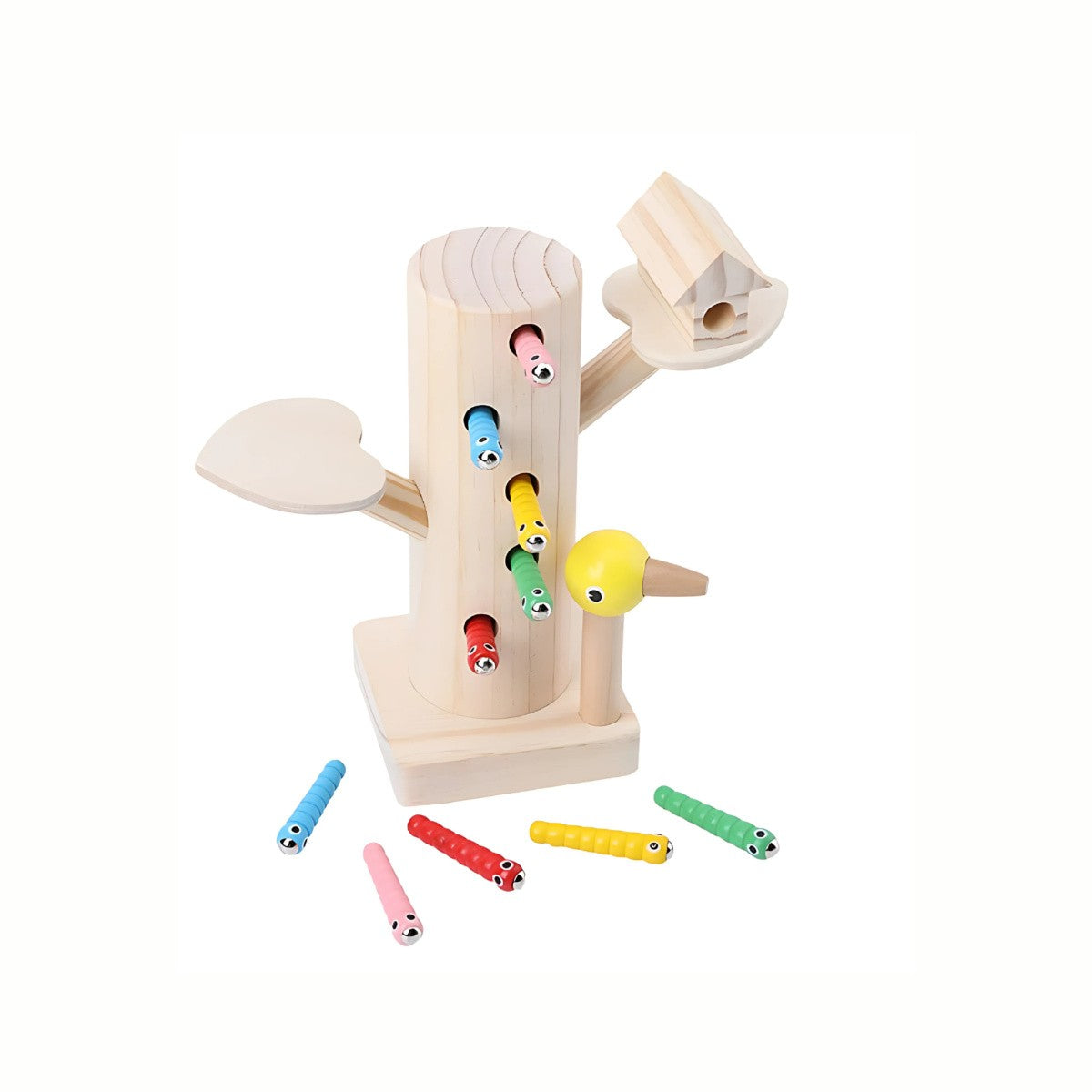 Wooden Magnetic Woodpecker & Worms Game, showing the tree trunk base, the magnetic woodpecker, and the colorful magnetic worms hidden inside, a high-quality toy.