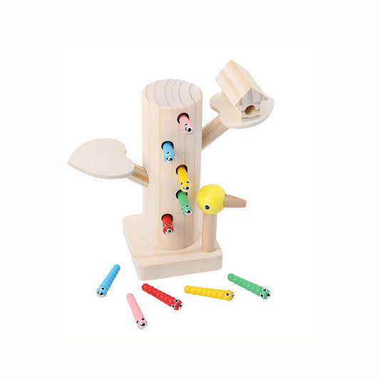 Wooden Magnetic Woodpecker & Worms Game, showing the tree trunk base, the magnetic woodpecker, and the colorful magnetic worms hidden inside, a high-quality toy.