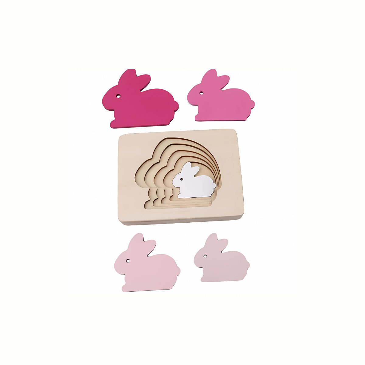 Wooden Multi Layered 3D Animal Puzzle (Rabbit variant), showing the layered rabbit pieces scattered around the puzzle board, promoting spatial reasoning.