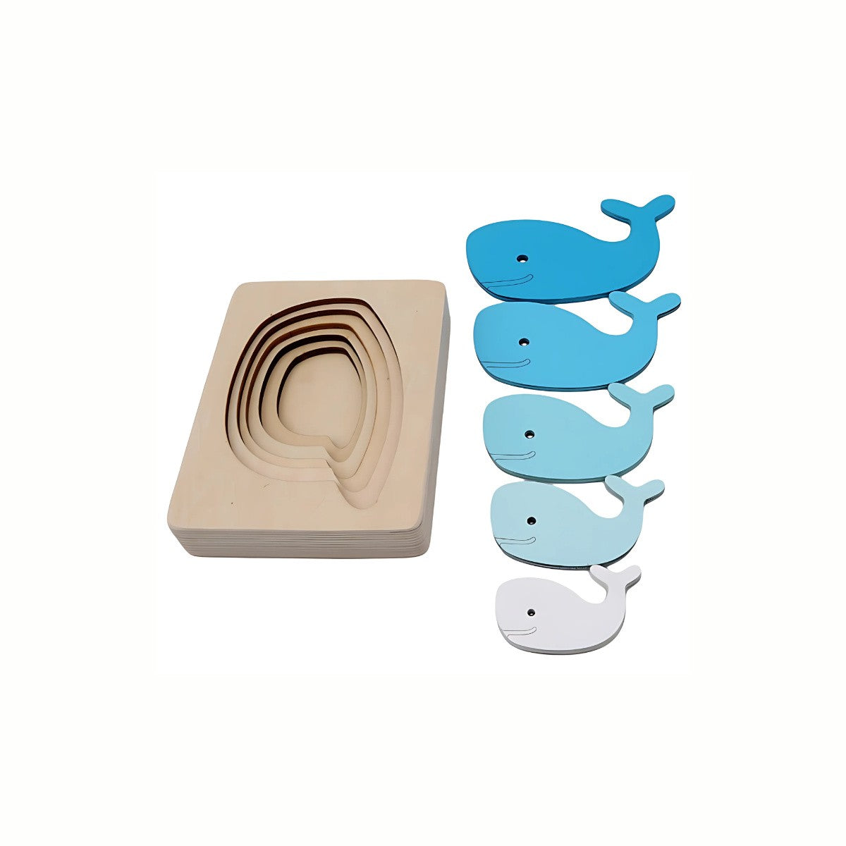 Wooden Multi Layered 3D Animal Puzzle (Whale variant), showing the layered whale pieces scattered next to the puzzle board, encouraging problem-solving skills.