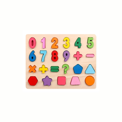Wooden Number and Shape Puzzle, featuring numbered slots and geometric shape pieces to develop counting and shape identification skills