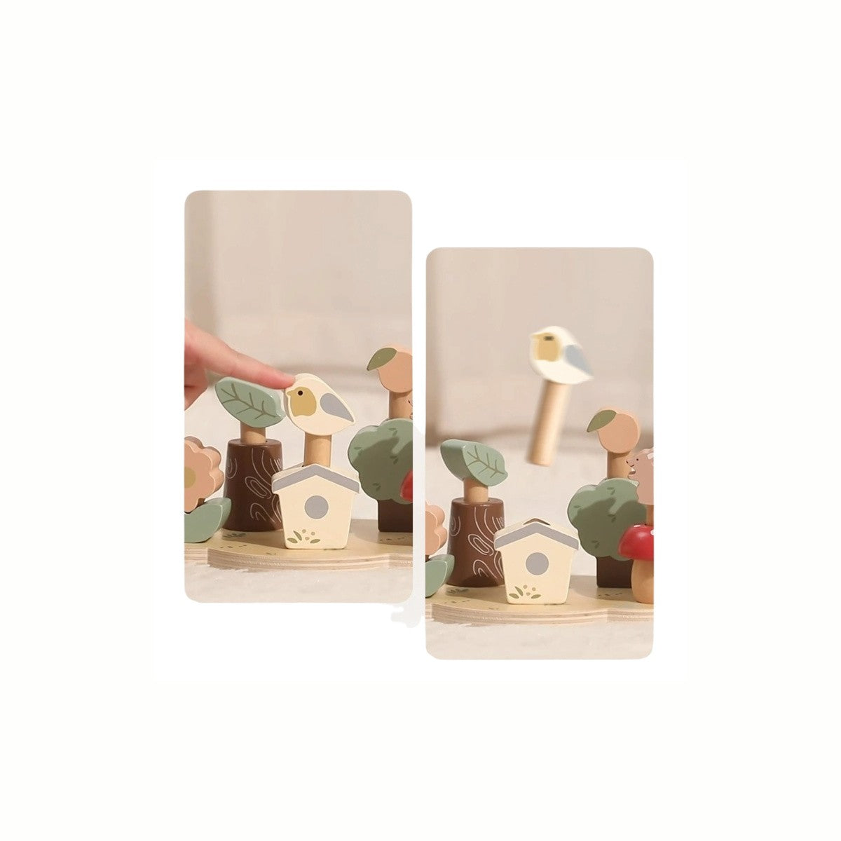 Wooden Pop Out Woodland Playset, a hand placing a wooden animal figure into the slotted base to demonstrate the "pop out" action, emphasizing the development of fine motor skills during imaginative play.