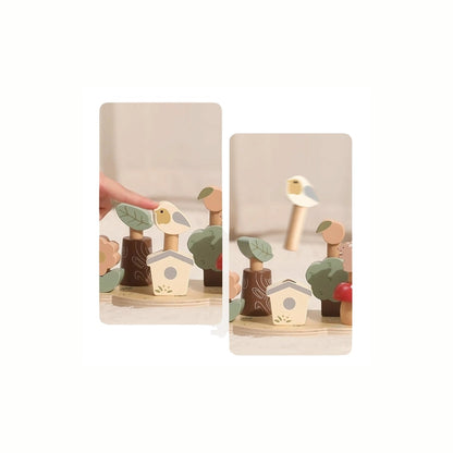 Wooden Pop Out Woodland Playset, a hand placing a wooden animal figure into the slotted base to demonstrate the "pop out" action, emphasizing the development of fine motor skills during imaginative play.