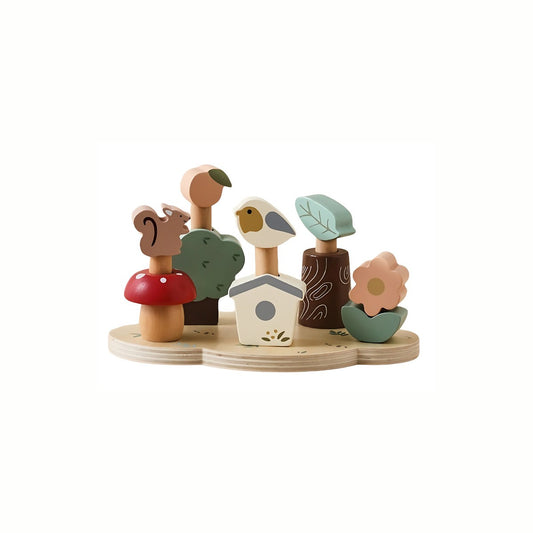 Wooden Pop Out Woodland Playset, the fully assembled forest scene with various animal figures popped into place, a sustainably sourced wooden toy for imaginative play.