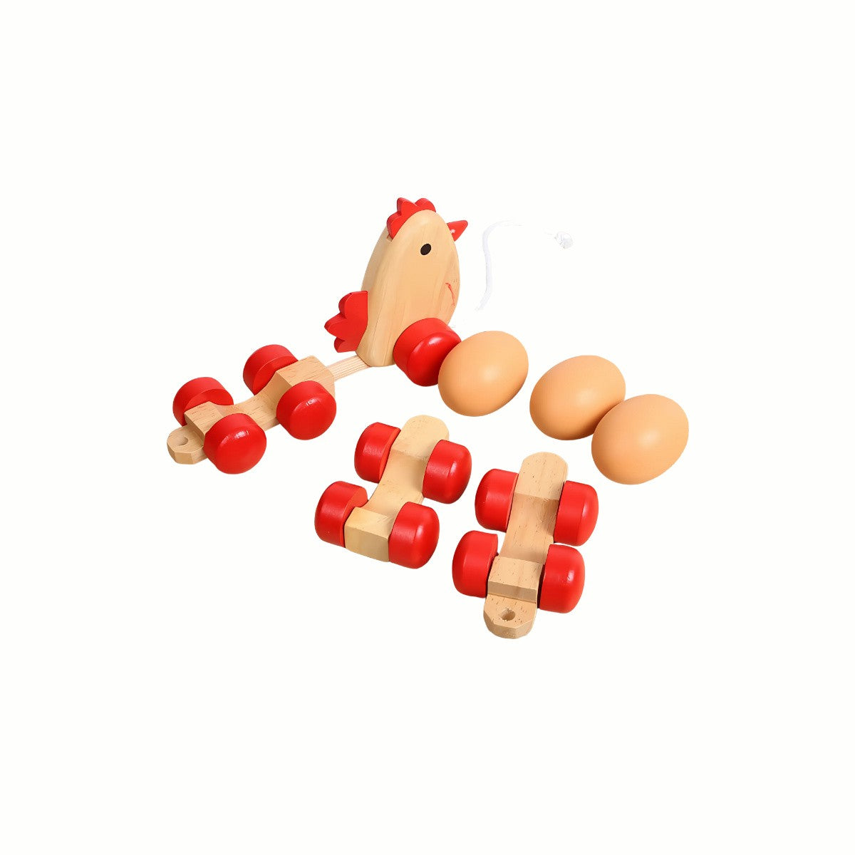 Wooden Pull Along Chicken Train disassembled with carriages and wooden eggs separated, demonstrating the opportunity for fine motor skills and counting practice.