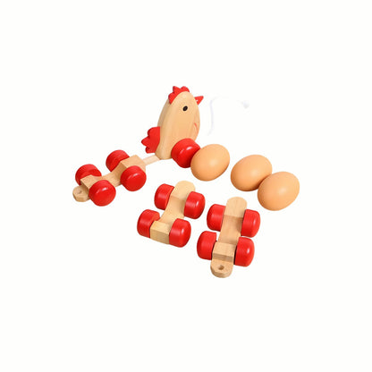 Wooden Pull Along Chicken Train disassembled with carriages and wooden eggs separated, demonstrating the opportunity for fine motor skills and counting practice.