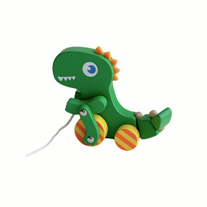 Wooden Pull Along Dinosaur shown with the pull-string extended, encouraging gross motor skills and coordination in children.