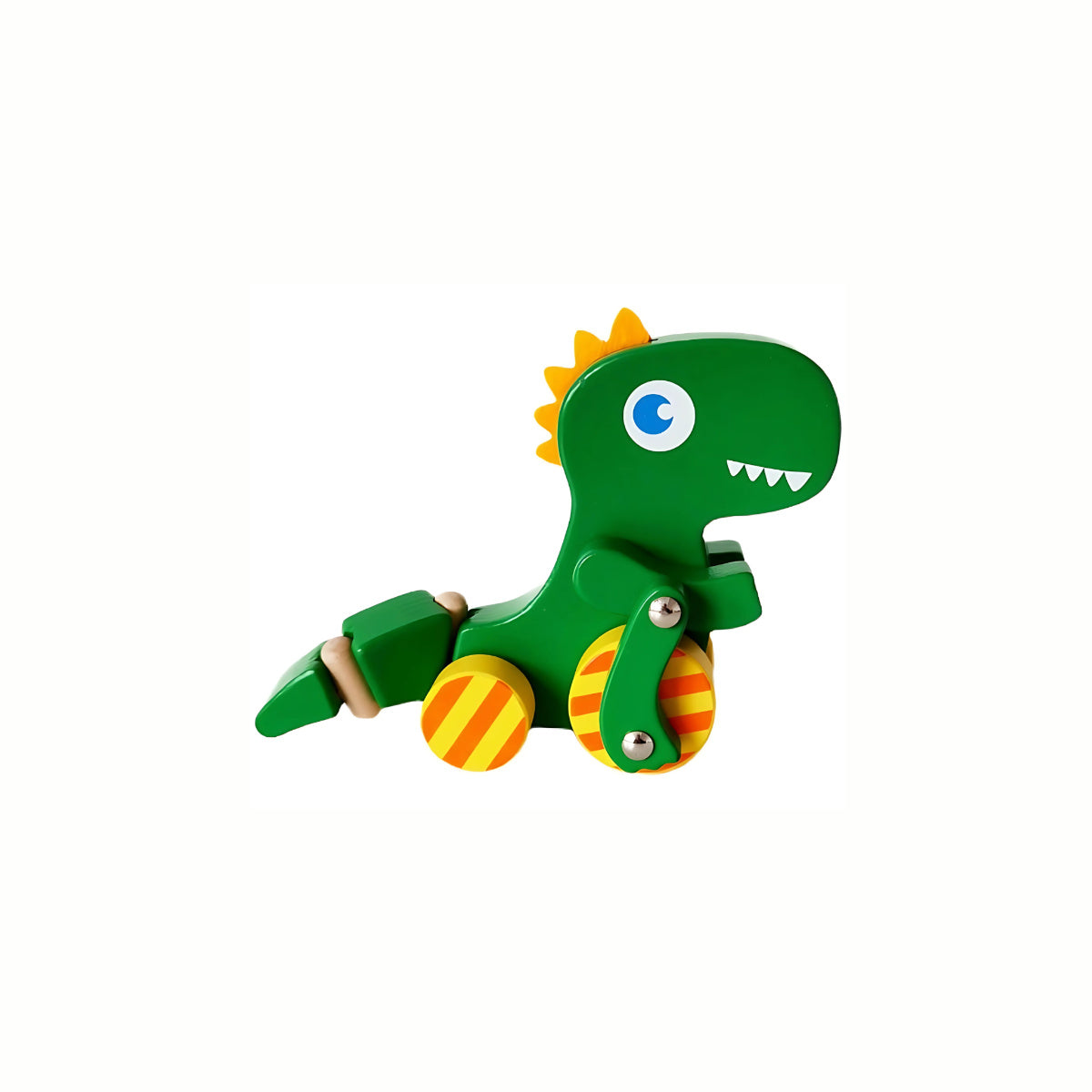 Wooden Pull Along Dinosaur, a bright green dinosaur with rolling wheels, a sustainably sourced wooden toy for active fun.