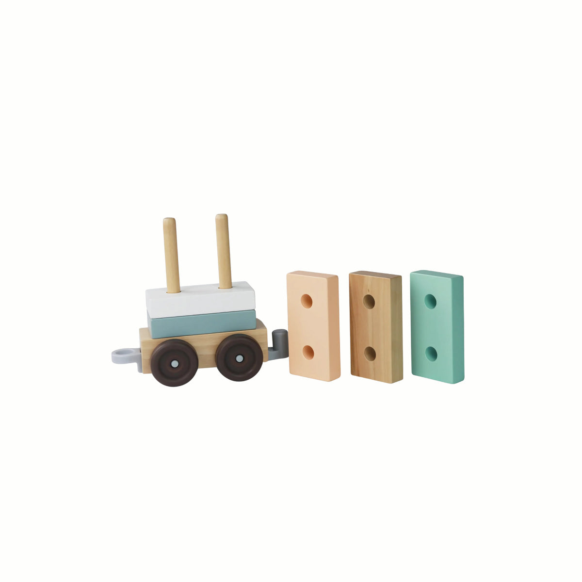 Wooden Pull Along Stacking Train shown with some blocks stacked and others placed alongside, promoting imaginative play and shape sorting.
