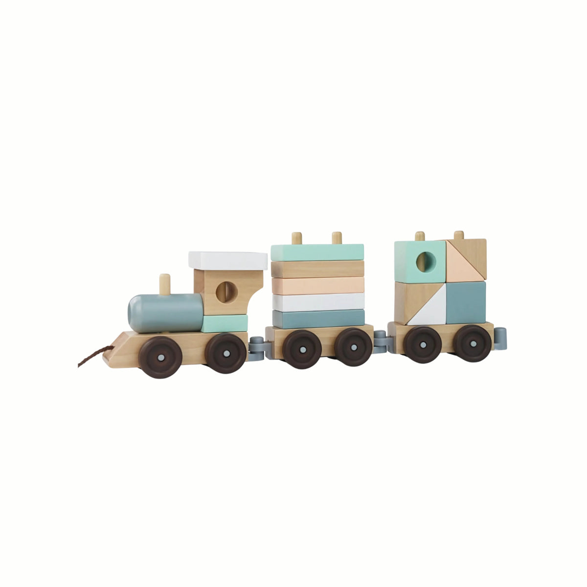 Wooden Pull Along Stacking Train, the complete three-carriage train set with colorful building blocks ready for loading, a sustainably sourced eco-conscious toy.