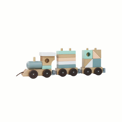 Wooden Pull Along Stacking Train, the complete three-carriage train set with colorful building blocks ready for loading, a sustainably sourced eco-conscious toy.