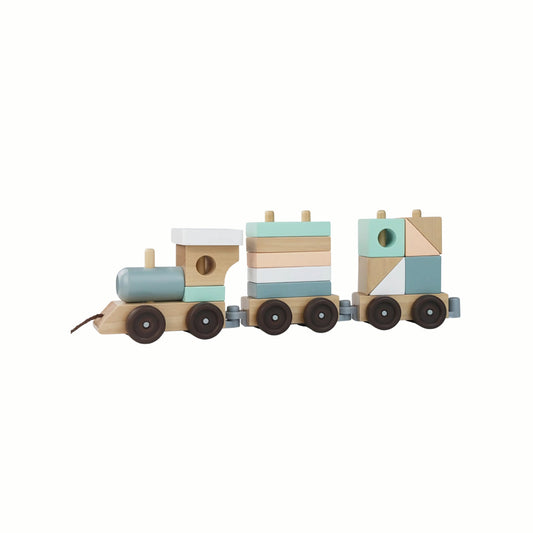 Wooden Pull Along Stacking Train, the complete three-carriage train set with colorful building blocks ready for loading, a sustainably sourced eco-conscious toy.