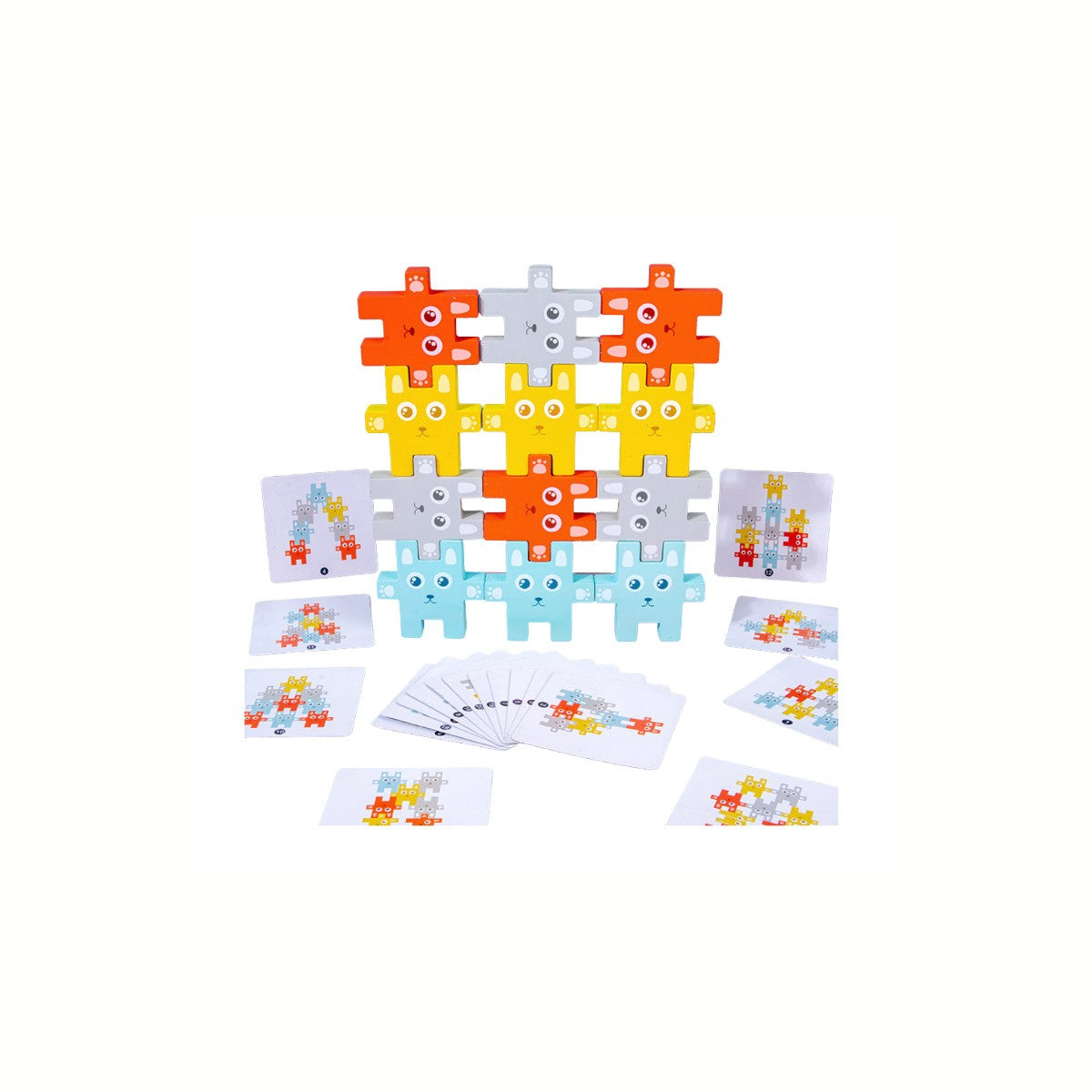 Wooden Rabbit Jenga Stacking Game blocks stacked following the color and pattern shown on the instruction cards, promoting color recognition and sequencing.