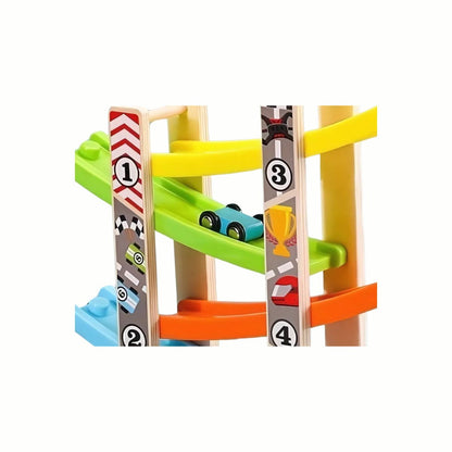 A close-up view of the ramps, curves, and vertical structure of the Wooden Race Car Track, highlighting the dynamic race angles.