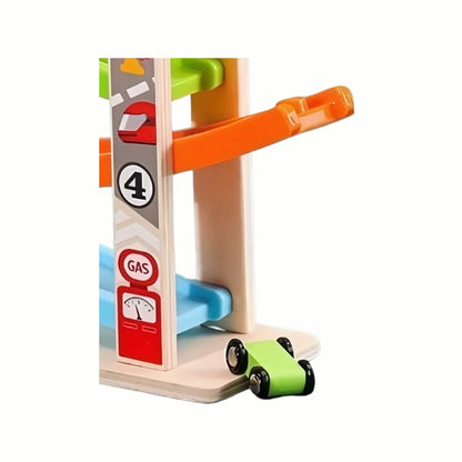 A side view of the Wooden Race Car Track, clearly showing the height and stability of the multi-tiered structure, great for understanding motion.