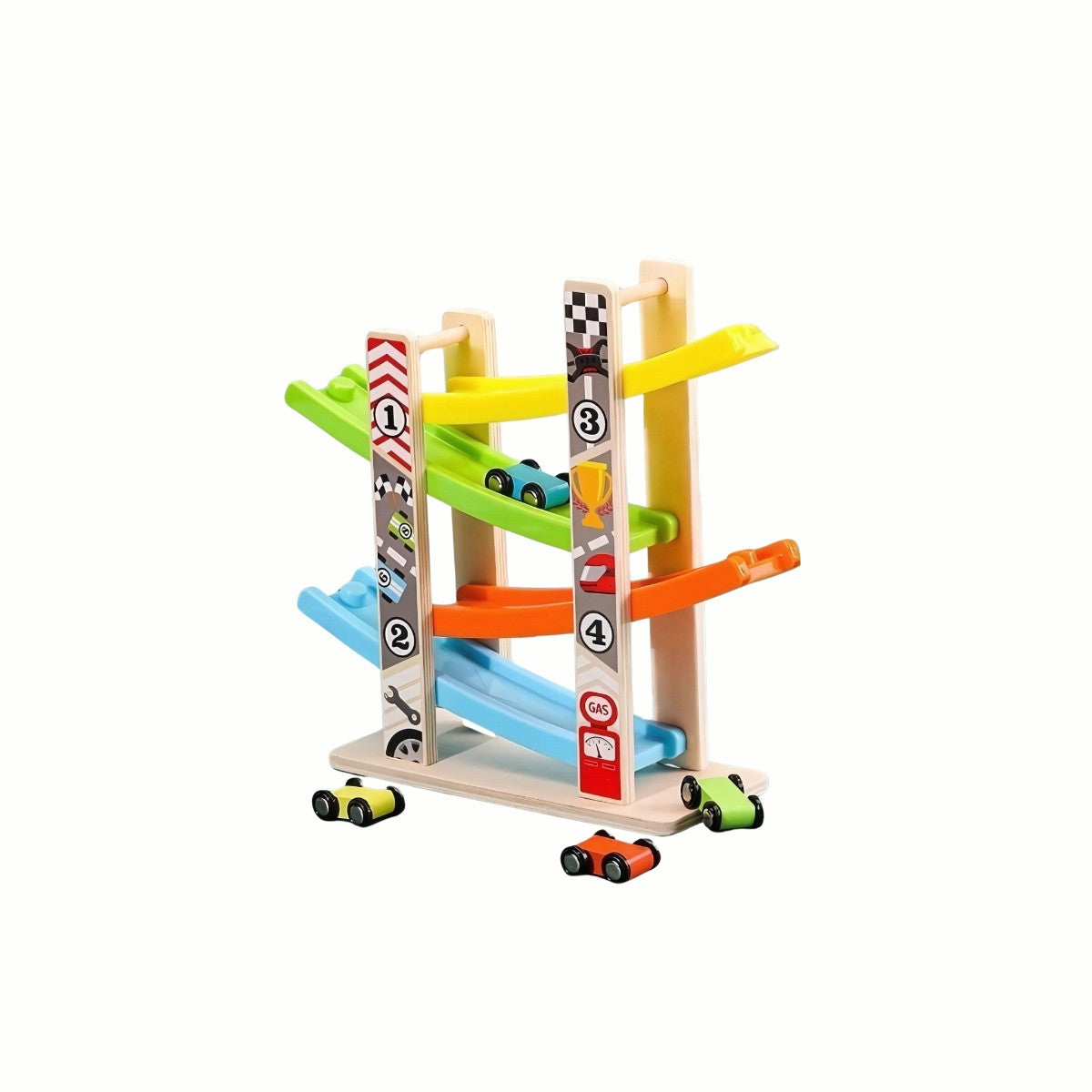 Wooden Race Car Track, showing the colorful multi-level tower and cars set up to race down the ramps, a high-quality toy.