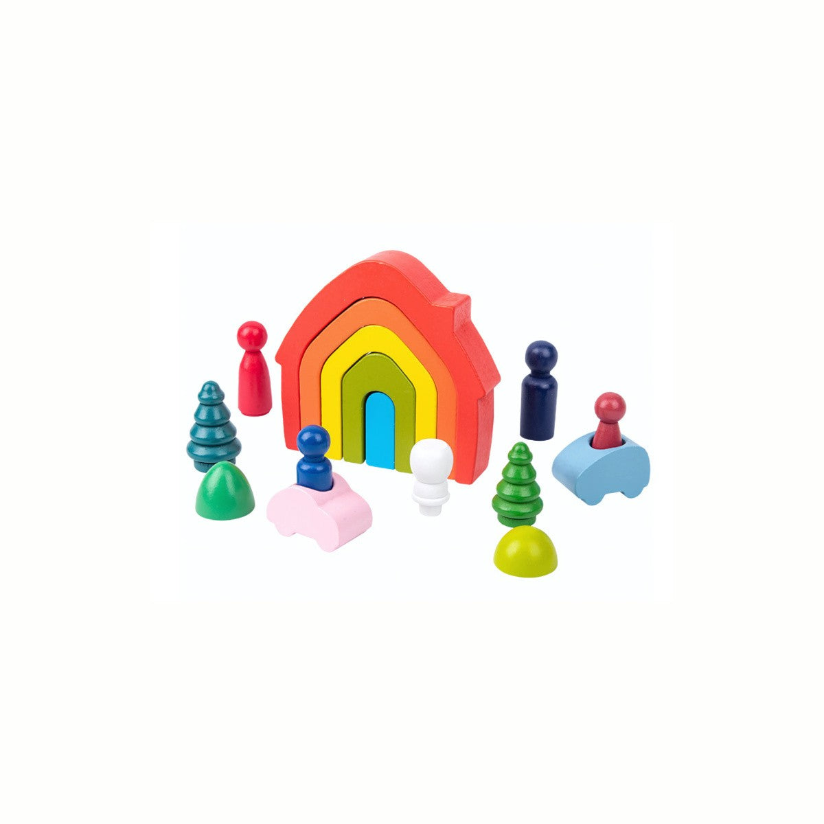 Wooden Rainbow Stacking House Set, showing the rainbow of nested house blocks and the small figures, cars, and trees alongside, a sustainably sourced wooden open-ended toy.