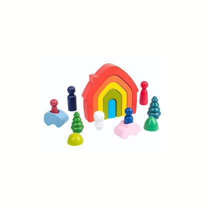 Wooden Rainbow Stacking House Set fully nested together from a slightly elevated angle, highlighting the beautiful colored arches and improving fine motor skills.