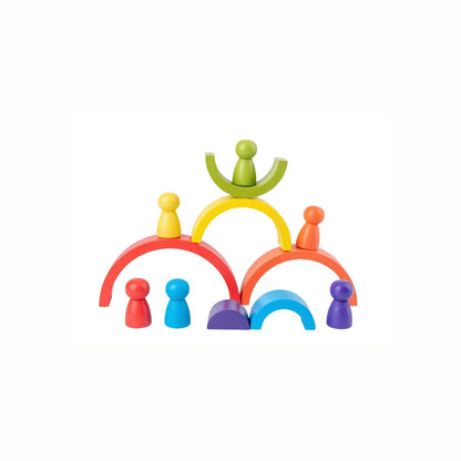 Wooden Rainbow Stacking Blocks arranged in a unique, non-traditional formation with the figures, demonstrating open-ended play possibilities.