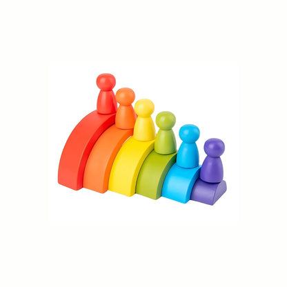 Wooden Rainbow Stacking Blocks, showing each colored arch lined up horizontally with its corresponding color figure placed on top, great for color matching.