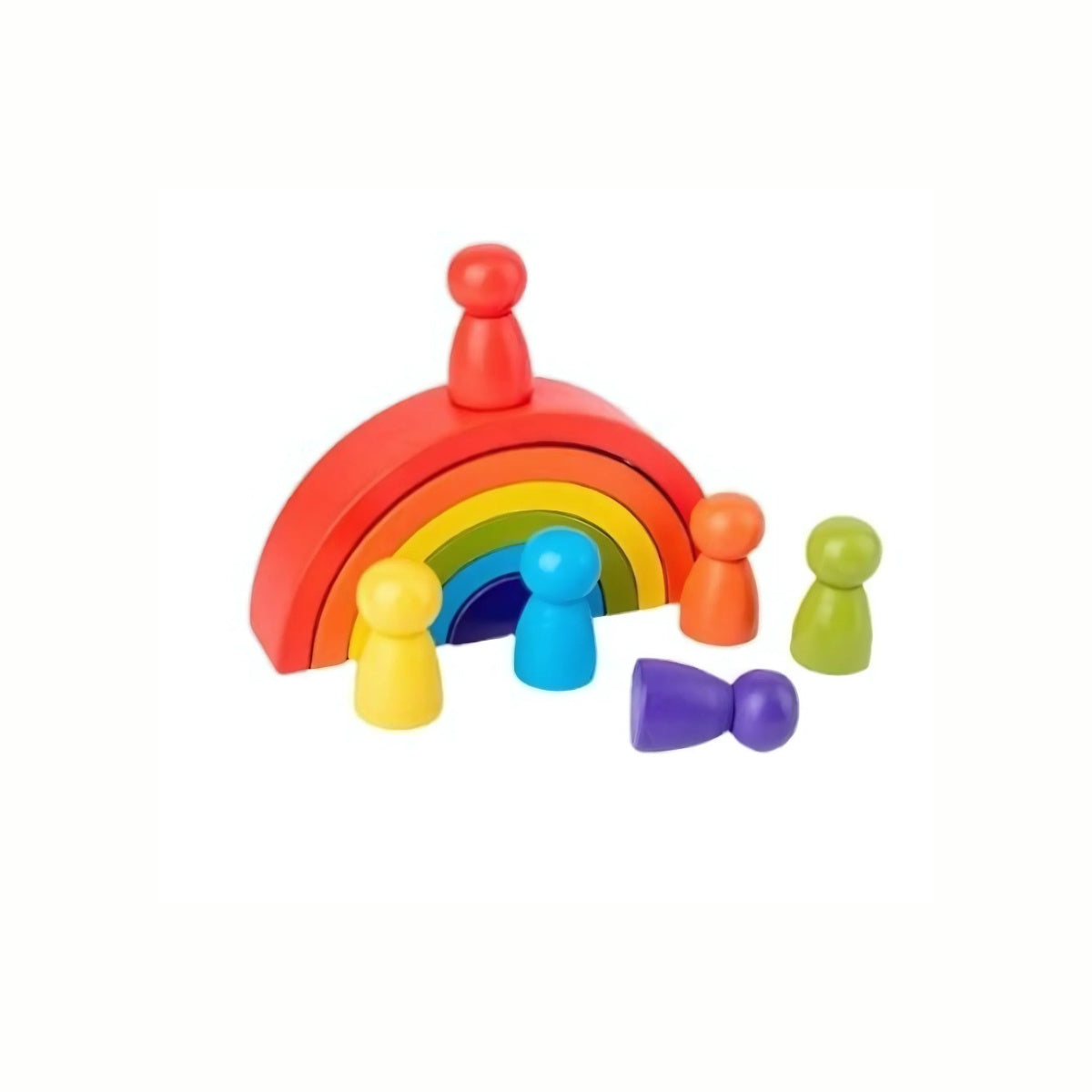 Wooden Rainbow Stacking Blocks fully nested together, demonstrating how the arches fit perfectly inside one another for easy storage.