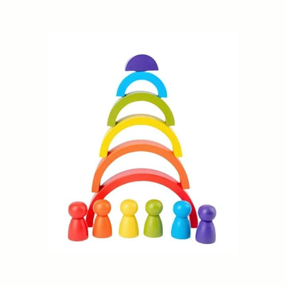 Wooden Rainbow Stacking Blocks showing all the arches stacked one directly on top of the other, showcasing the vivid colors and size progression.