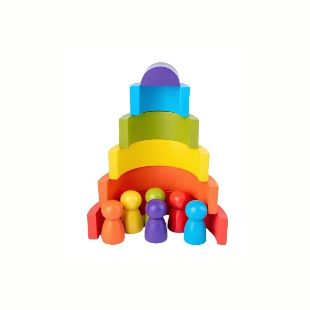 Wooden Rainbow Stacking Blocks, showing the rainbow arches stacked with the little wooden figures placed nearby, a high-quality toy