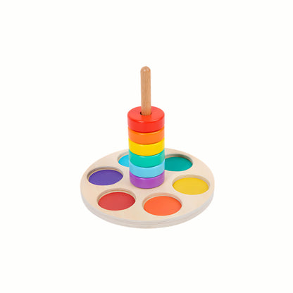 Wooden Rainbow Stacking & Sorting Rings Tower, showing all colorful rings stacked neatly on the central peg, a high-quality toy.