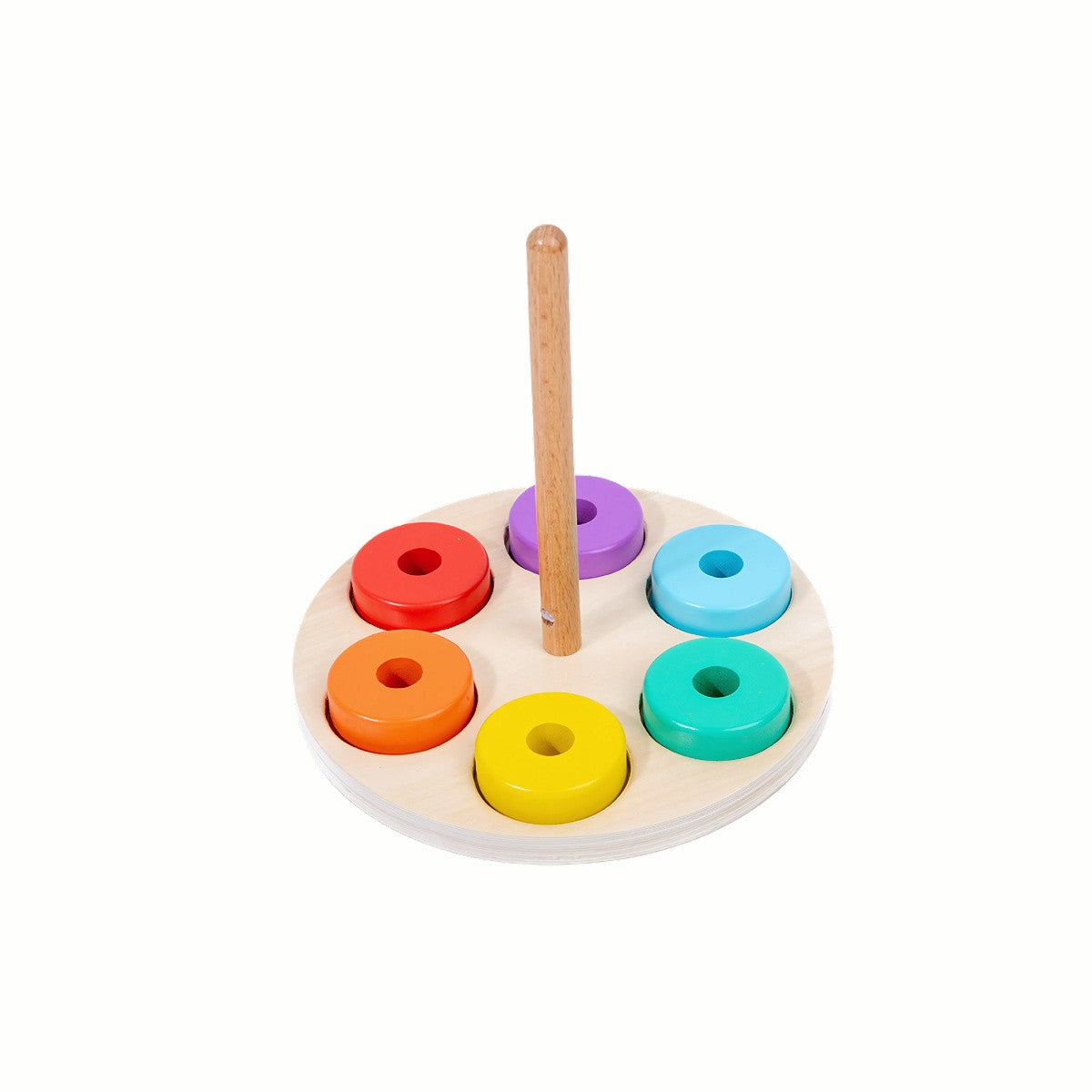 Wooden Rainbow Stacking & Sorting Rings Tower, showing the rings placed in the colored slots on the wooden base, teaching color recognition and matching skills.