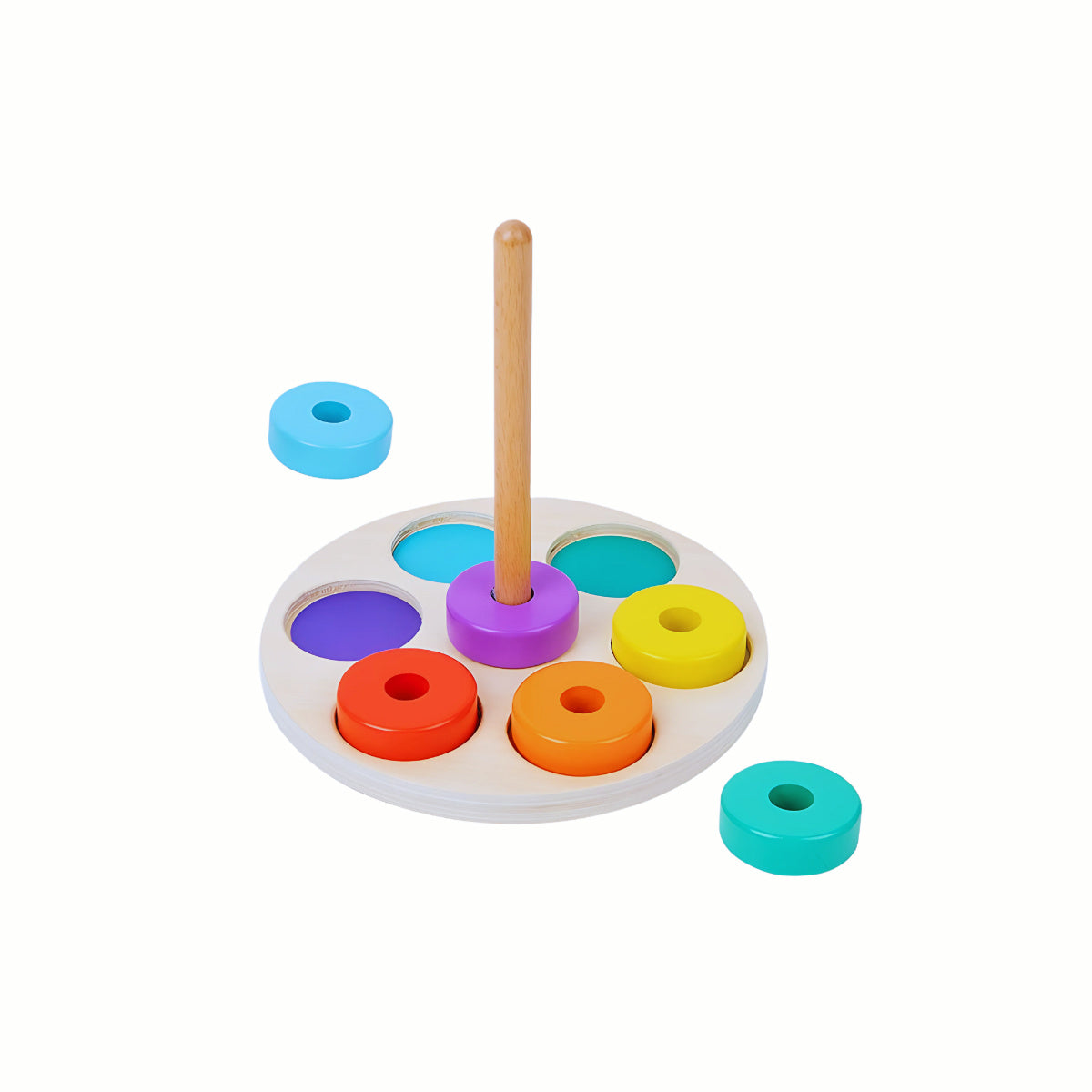 Wooden Rainbow Stacking & Sorting Rings Tower, showing some rings stacked and others placed in the colored slots, demonstrating open-ended play