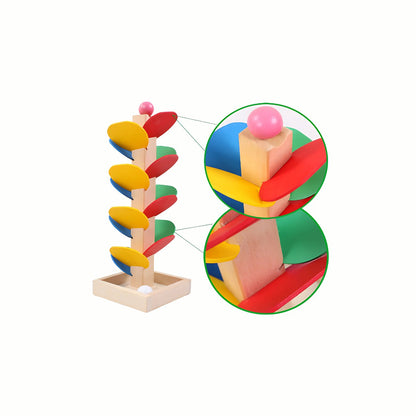 A close-up of the unique leaf platforms of the Wooden Rolling Ball Leaf Tower, highlighting the smooth wood finish and the vibrant colors