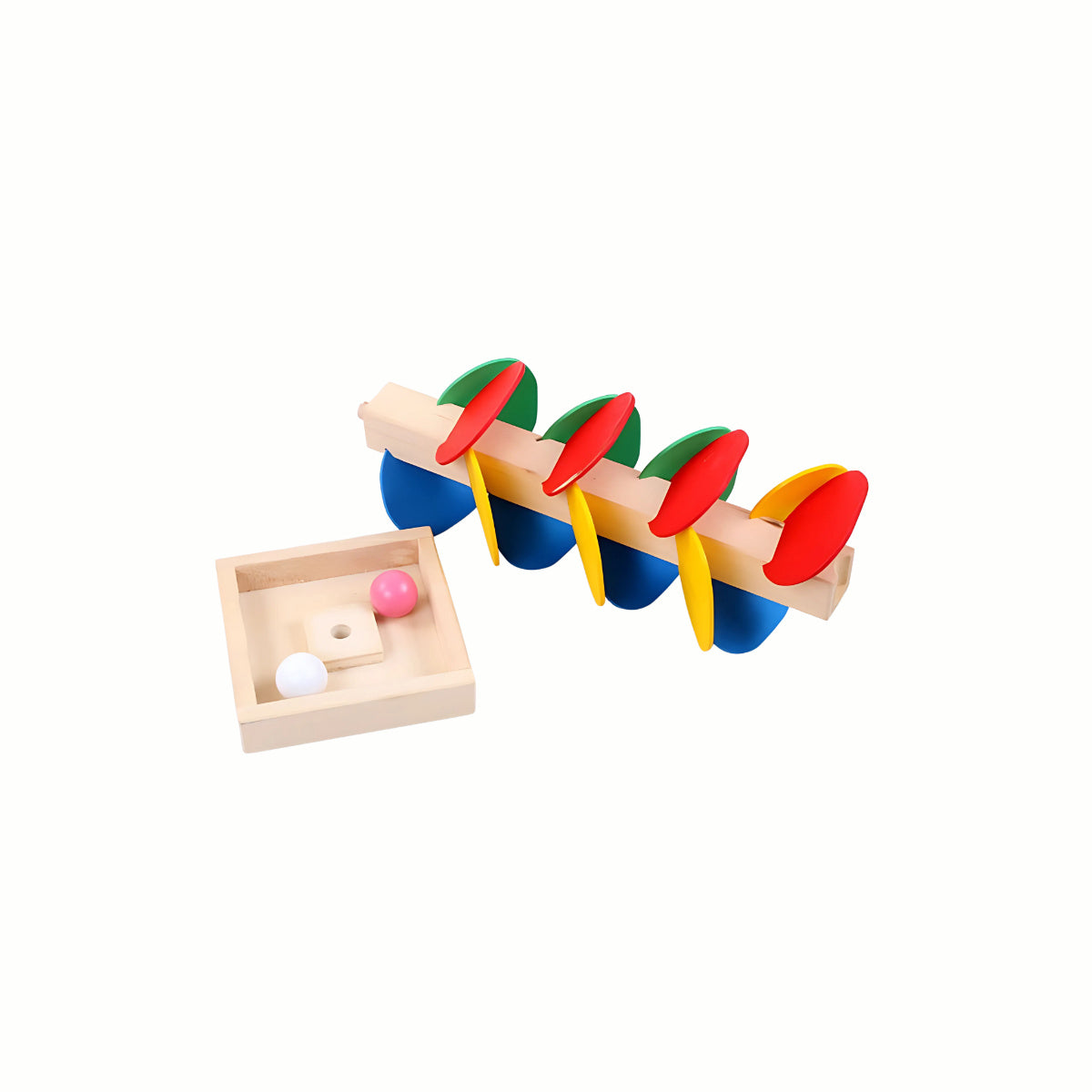 The complete set of the Wooden Rolling Ball Leaf Tower, including the sturdy base, the colorful tower, and the two wooden balls, demonstrating cause and effect learning