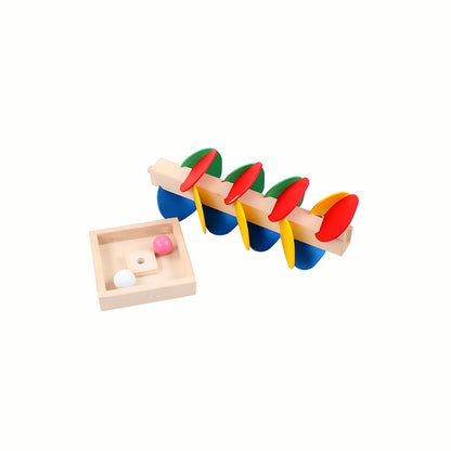 The complete set of the Wooden Rolling Ball Leaf Tower, including the sturdy base, the colorful tower, and the two wooden balls, demonstrating cause and effect learning