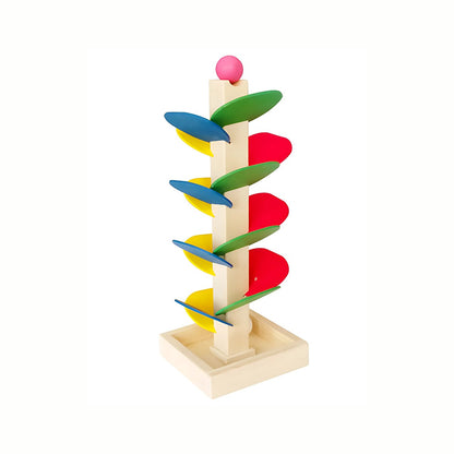 Wooden Rolling Ball Leaf Tower, showing a wooden ball resting on the top of the cascading colorful leaf platforms, encouraging visual tracking as it rolls down.