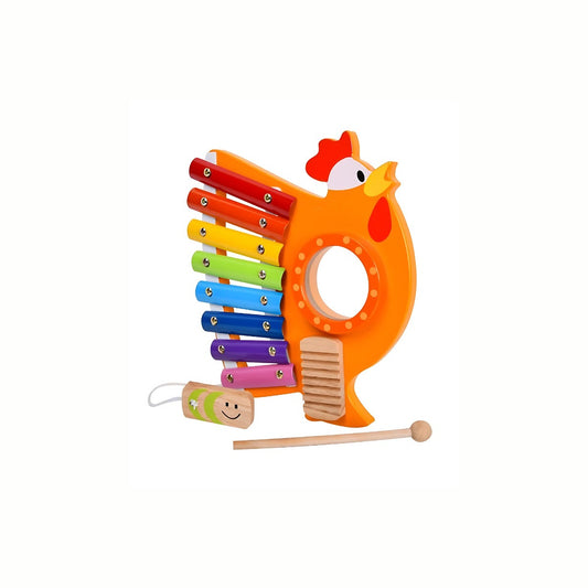 Wooden Rooster Xylophone, the colorful instrument shaped like a rooster with the attached wooden mallet