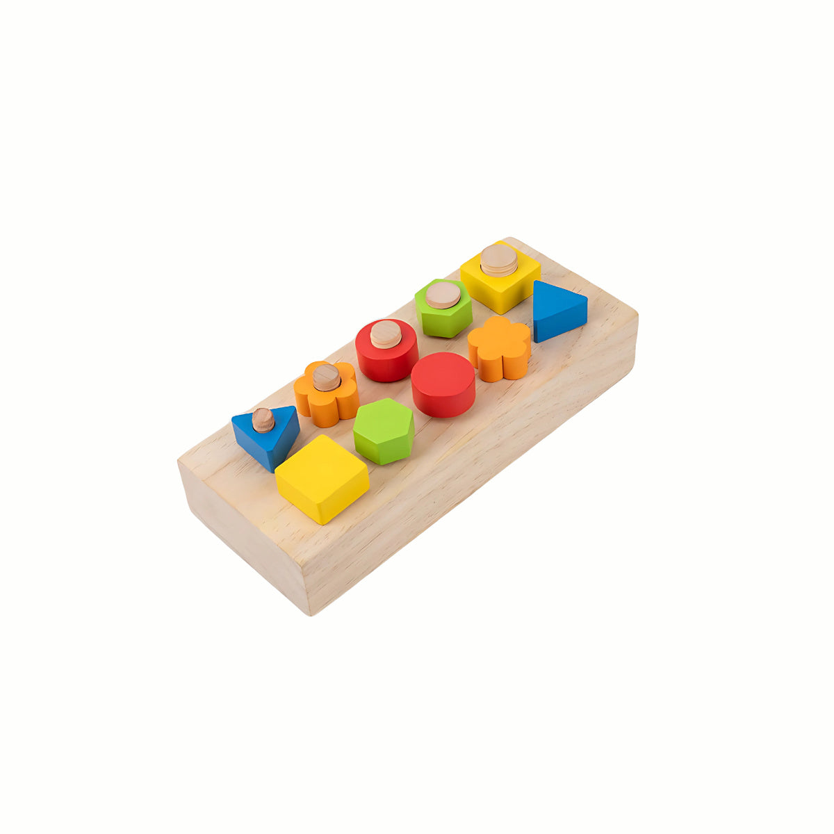 Wooden Screw Board Toy fully assembled with all the colored screws twisted into their respective holes, showcasing the completed activity.
