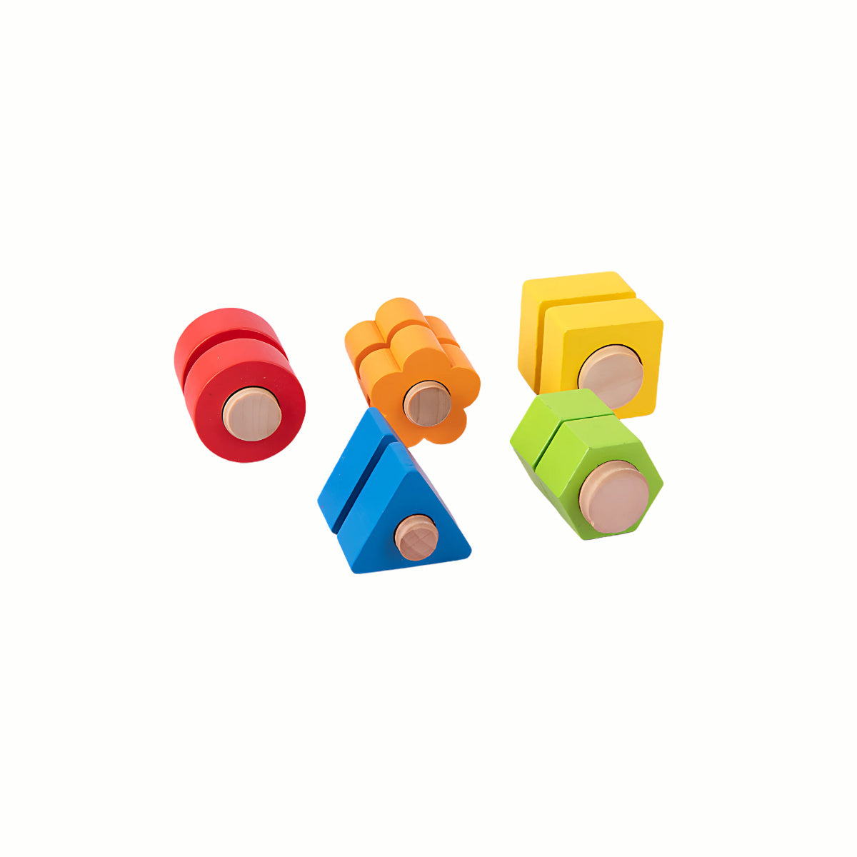 A close-up of the colorful screws from the Wooden Screw Board Toy, which are also useful for learning shapes and colors.