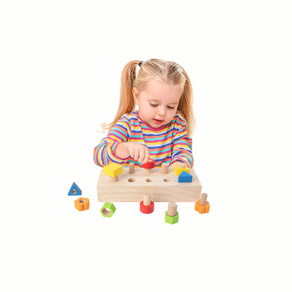 A child playing and twisting a colorful screw into the Wooden Screw Board Toy, developing excellent fine motor skills and dexterity.