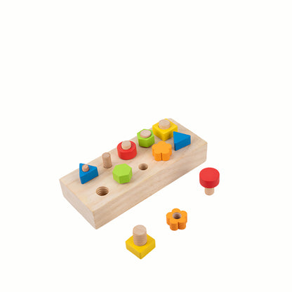 Wooden Screw Board Toy, showing the board with some colorful screws secured and others set aside, a high-quality toy.