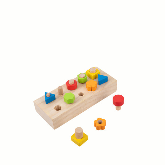Wooden Screw Board Toy, showing the board with some colorful screws secured and others set aside, a high-quality toy.