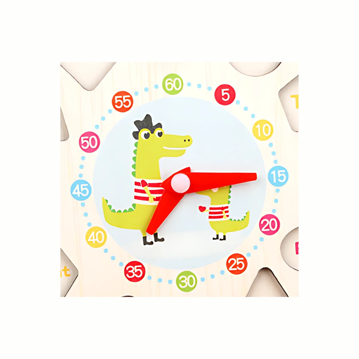 Close-up of the Wooden Shape Clock Puzzle face, highlighting the movable hands, the numbered and shaped slots, and the smooth wood finish.