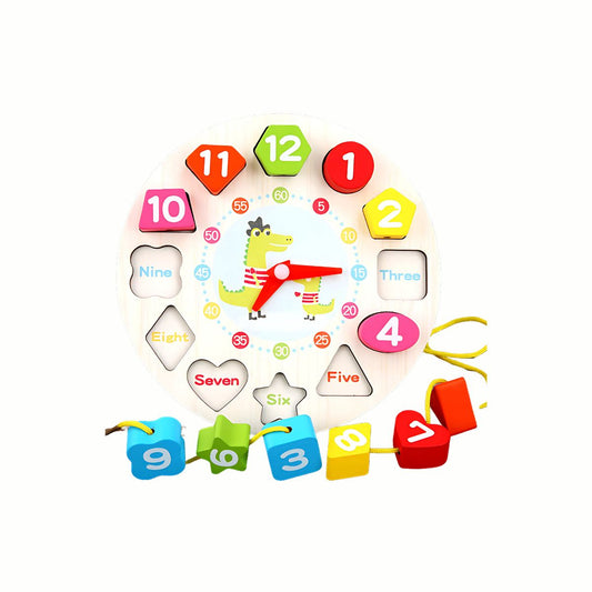 Wooden Shape Clock Puzzle, showing the clock face with some blocks placed and others being threaded onto the included lace, teaching early concepts of time and dexterity