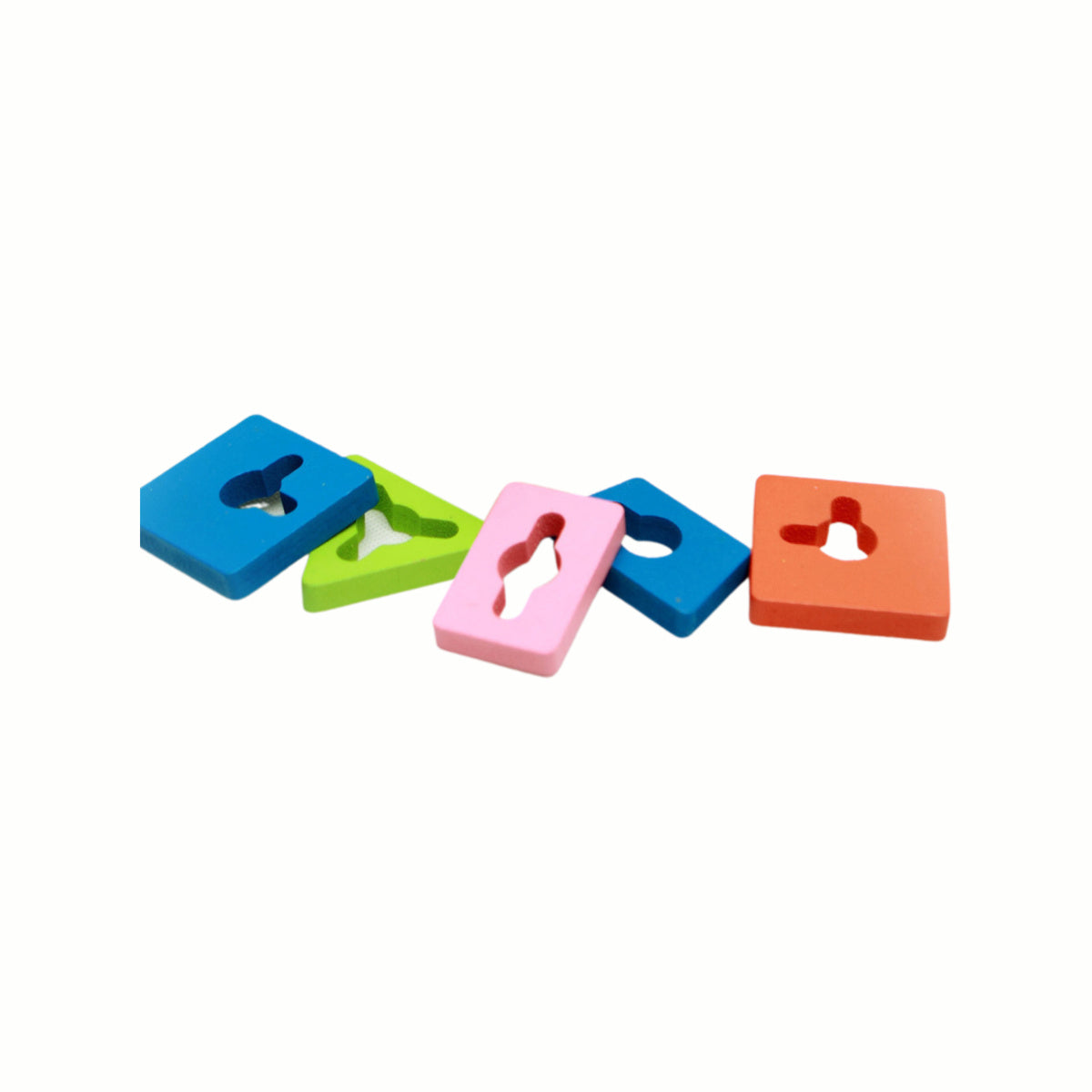 A close-up of the varied geometric shapes and bright colors of the pieces from the Wooden Shape Sorting and Stacking Puzzle set.