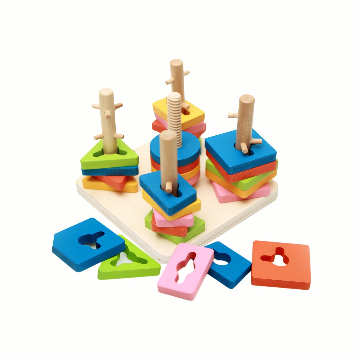 Wooden Shape Sorting and Stacking Puzzle, showing two towers partly stacked with colorful blocks and other pieces scattered, promoting problem-solving skills, a high-quality toy.